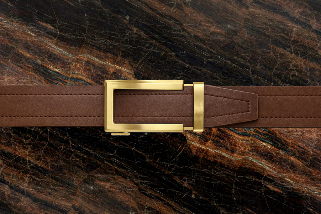 Product Riemoda Amber automatische heren riem bruin leer met gouden gesp - riem zonder gaatjes