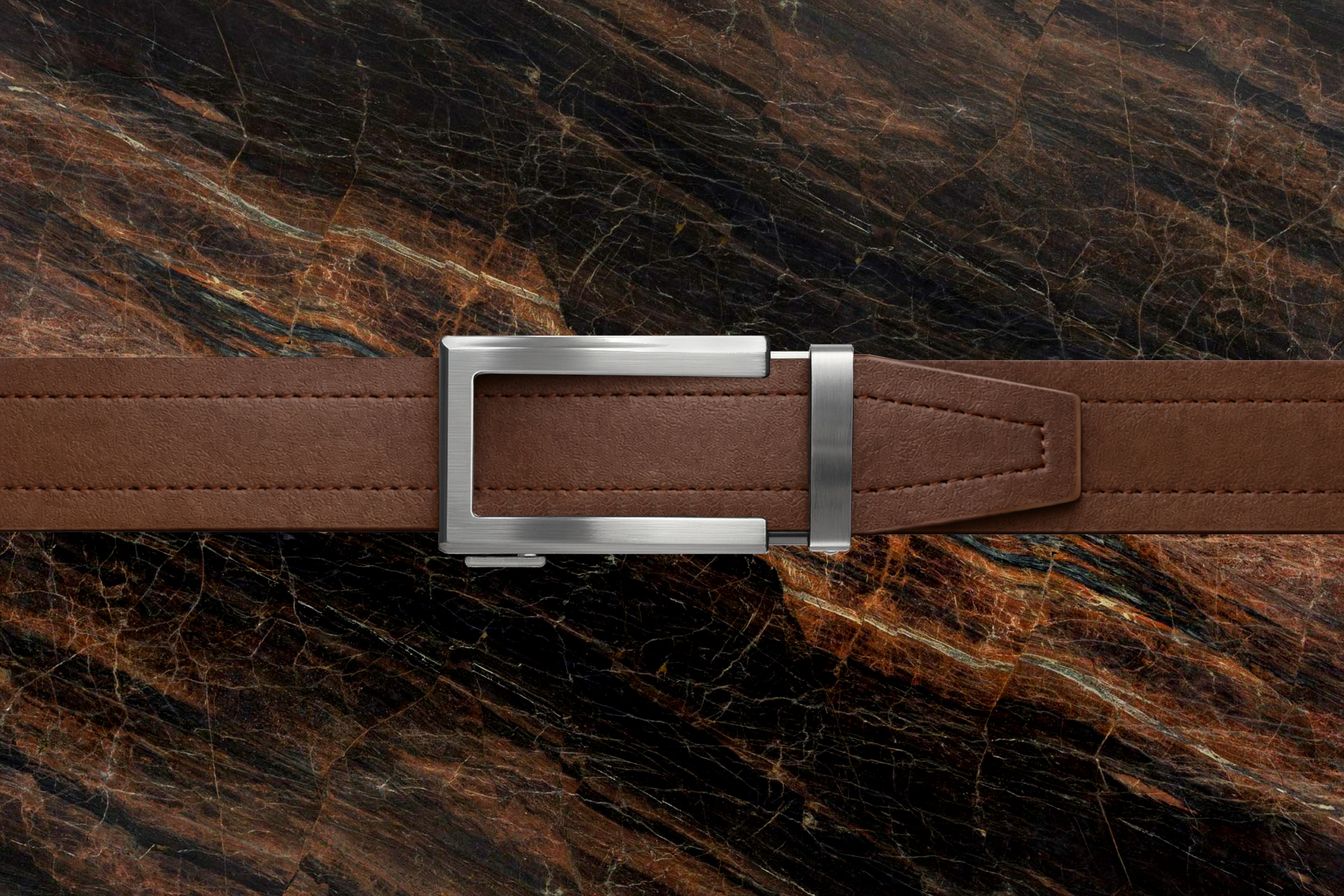 Product Riemoda Amber automatische heren riem bruin leer met zilveren gesp - riem zonder gaatjes