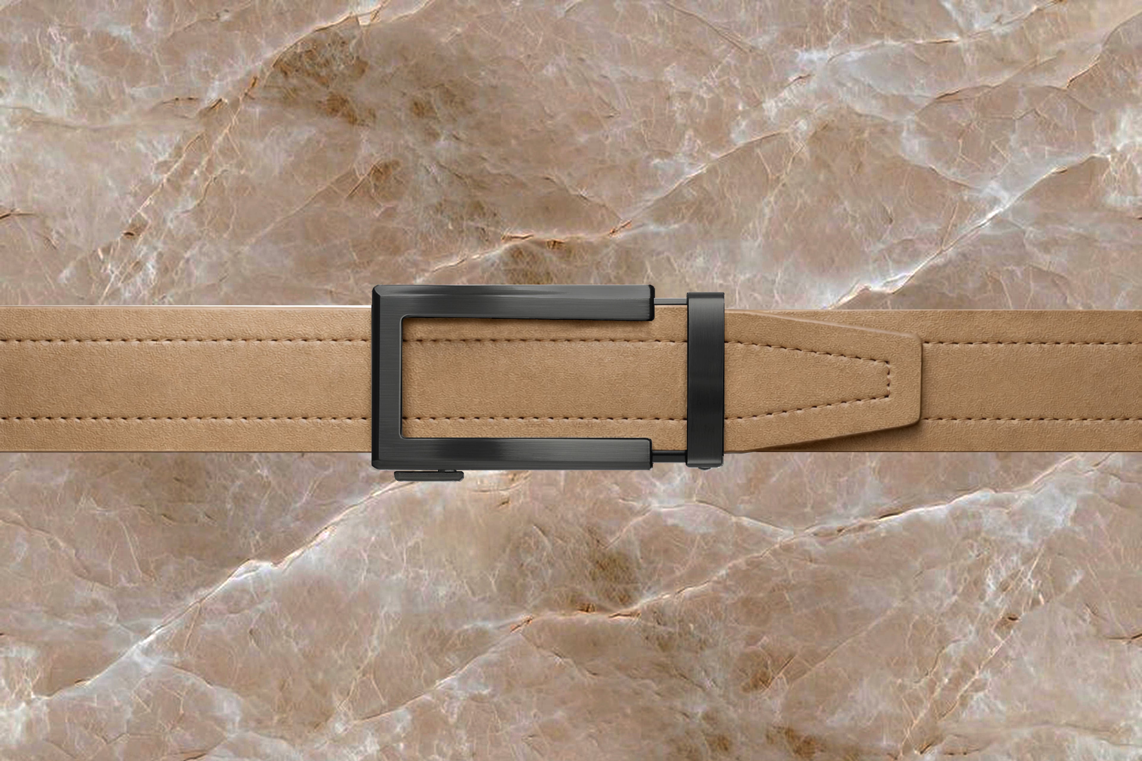 Product Riemoda Cerussite automatische heren riem beige leer met zwarte gesp - riem zonder gaatjes