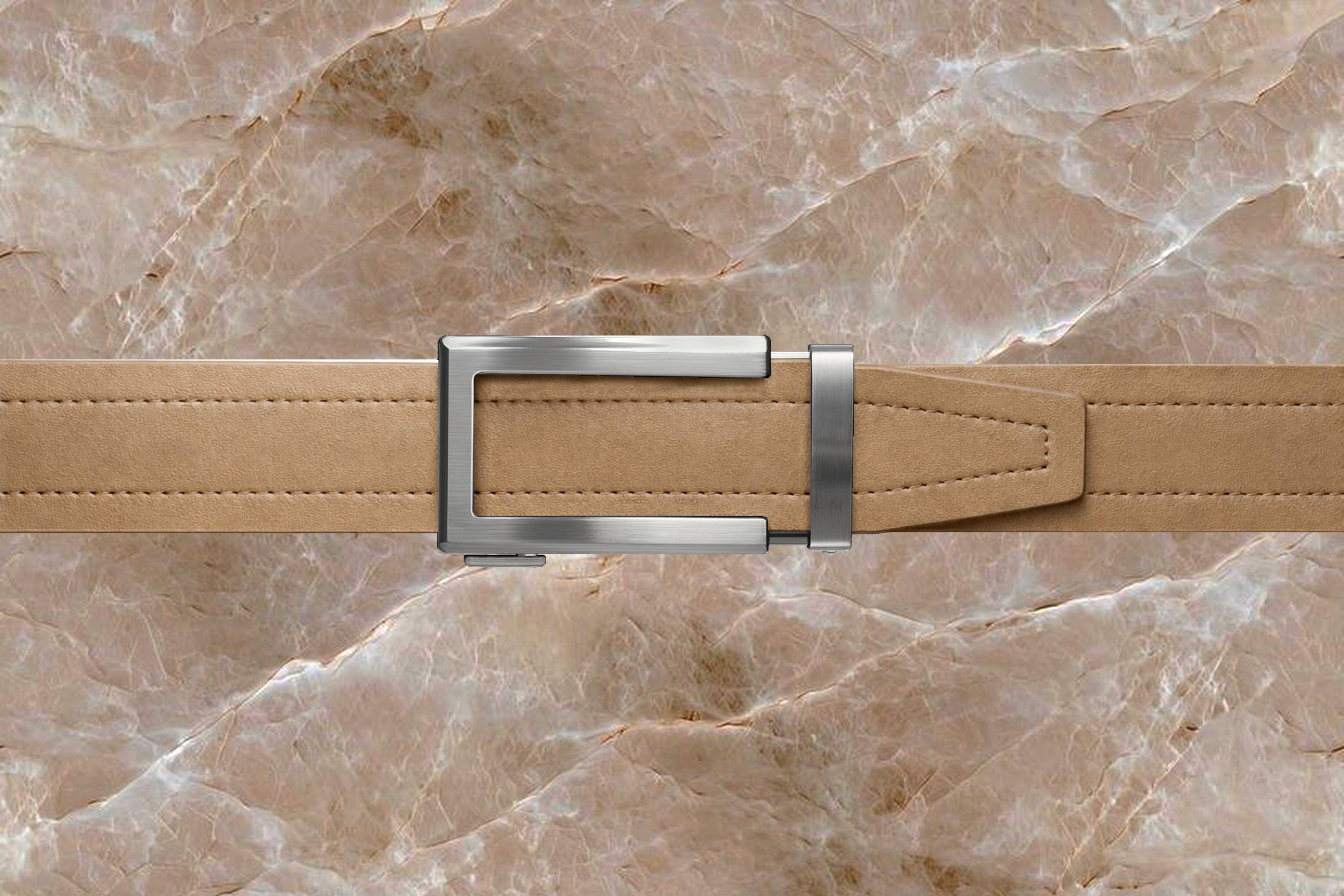 Product Riemoda Cerussite automatische heren riem beige leer met zilveren gesp - riem zonder gaatjes