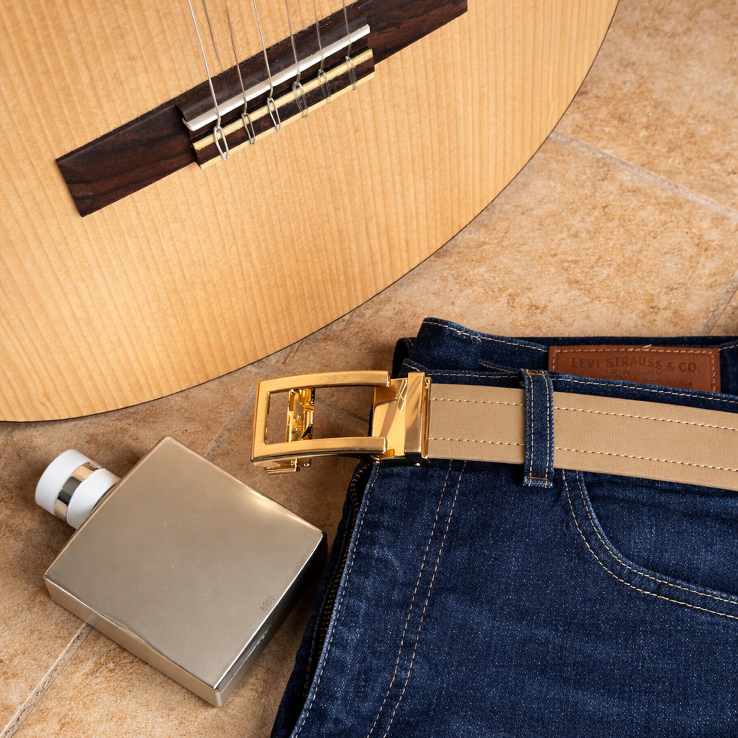 beige leren automatische heren riem met gouden gesp van Riemoda